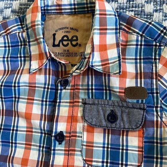 Lee Baby Boy 18 Months Orange Blue White Plaid LS Button Down Shirt - Picture 5 of 14